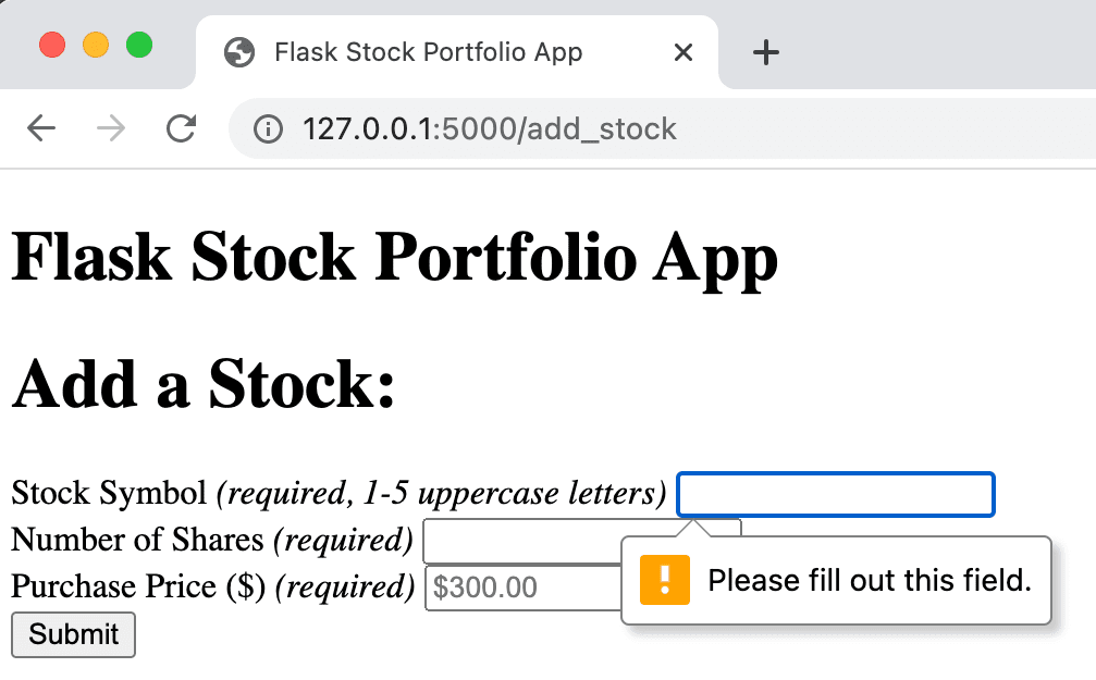Add Stock Form - Empty Field Error Message