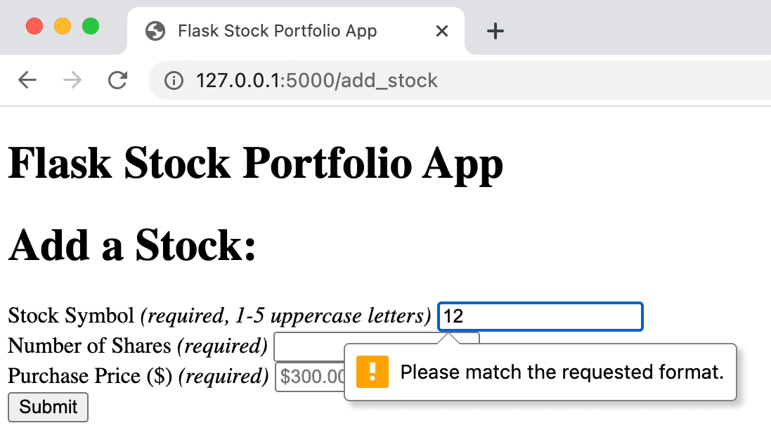 Add Stock Form - Invalid Stock Symbol