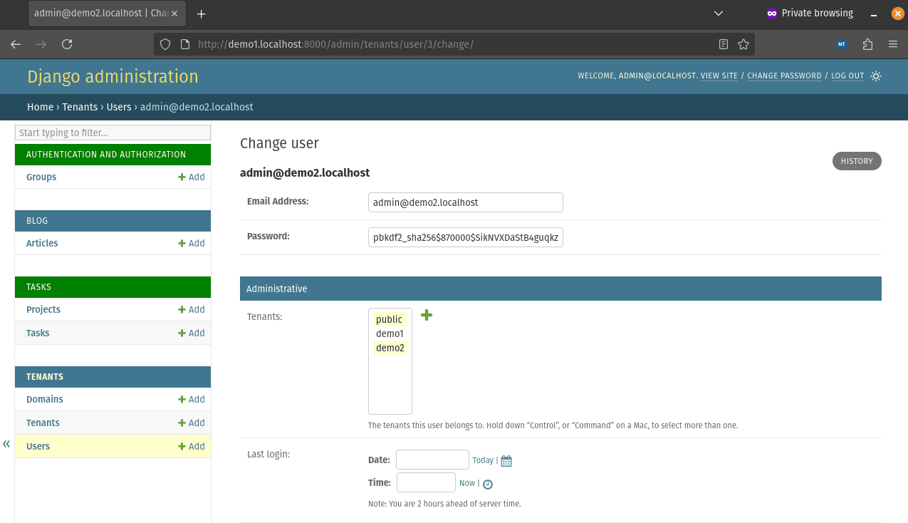 Django Admin User Tenants Field