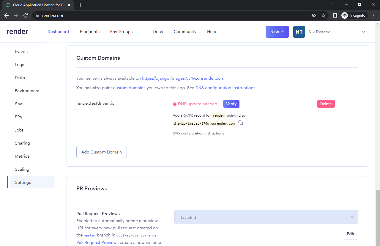 Render dashboard - custom domain