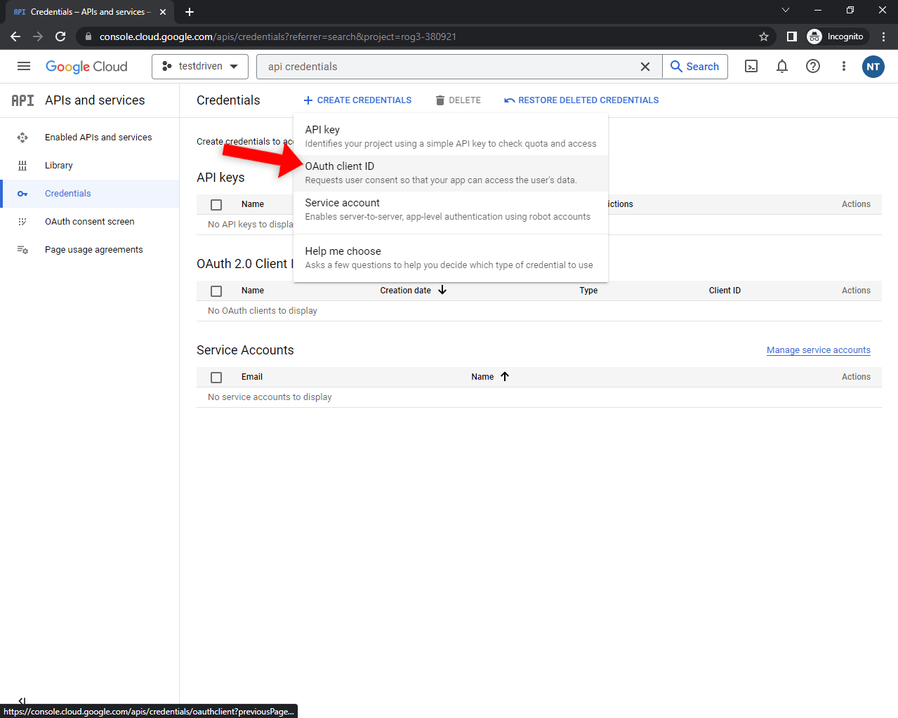Google Console OAuth Client ID Create