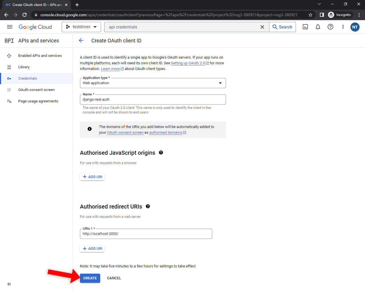 Google Console OAuth Form